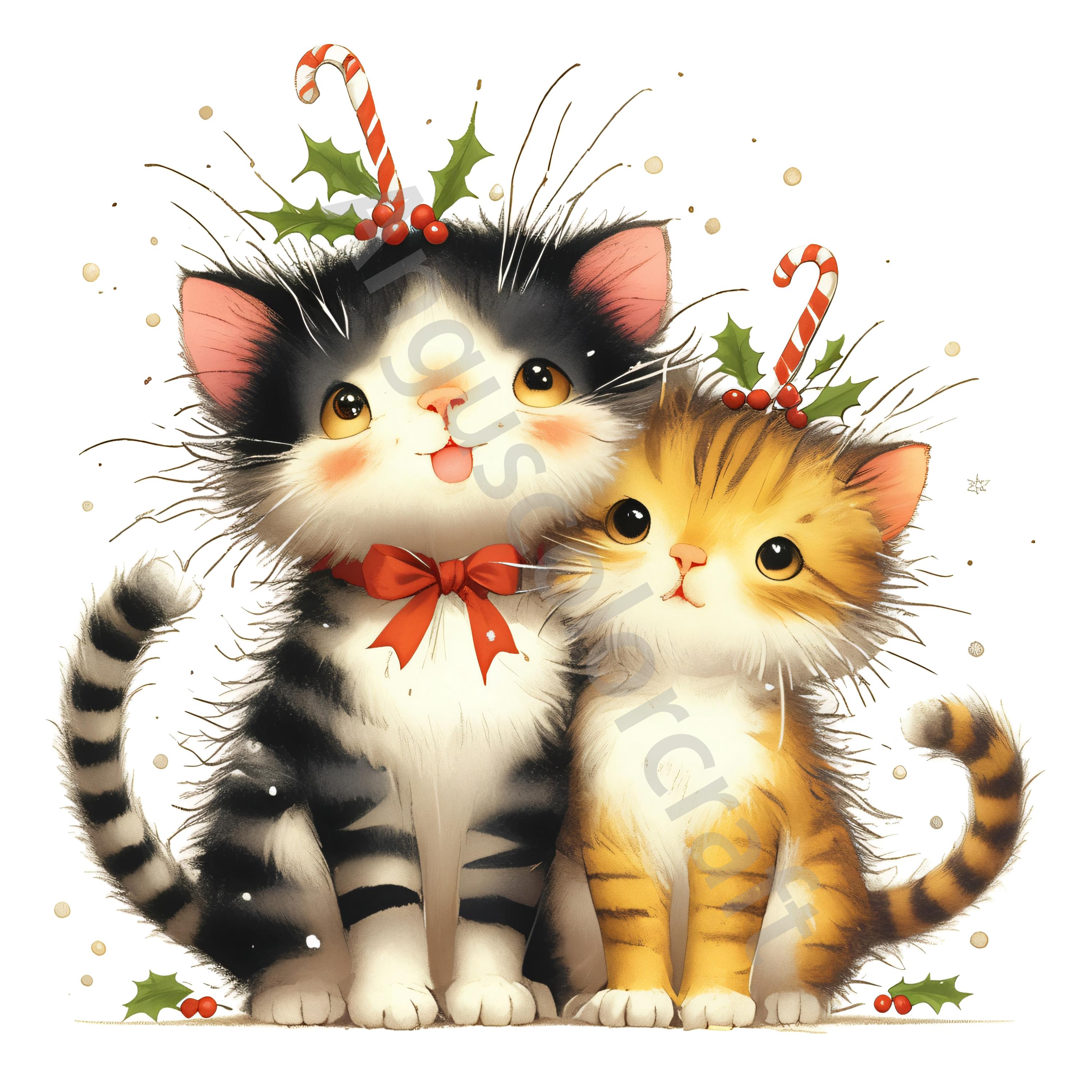 10 Christmas Cats Clip Art Watercolor Clipart Jpgs, Junk Journaling ...