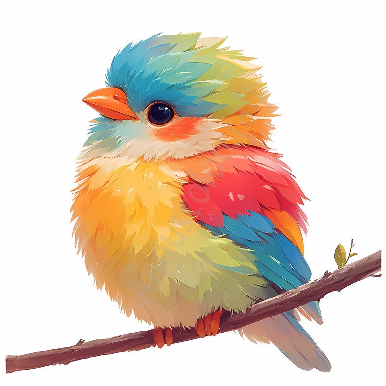 May include: A small, colorful bird with blue, green, yellow, and red feathers perched on a branch. The bird has a fluffy appearance and large, dark eyes.