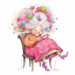 Quirky Old Lady knitting Clip Art 12 Watercolor JPGs, Junk Journaling, Scrapbooking, Card Making, Digital Download Kit, Fantasy, Whimsical