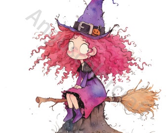 13 JPGs Quirky Little Witch Clipart, Commercial Use, Whimsical Ephemera, Watercolor Girl Clipart, Instant Download, Paper Craft