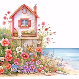 10 JPG Whimsical Seascape Cottage immagini Arte digitale stampabile Kit Download immediato Scrapbooking Journaling Card Making Acquerello Clipart