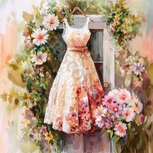 10 JPG Vintage Kleid an Tür Clip Art, Aquarell Clipart, Junk Journal, Scrapbook, Kartenherstellung, digitaler Download, Fantasy, wunderliche Blume
