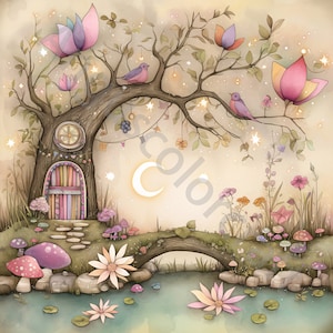 Kit di ClipArt di paesaggio stravagante 11 JPG Pacchetto di clipart dell'acquerello, Whimsical Tree Flower Junk Journaling, Scrapbook, Craft, Download digitale