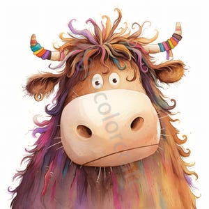 May include: A cartoon illustration of a brown cow with a colorful, curly mane and a colorful band around its horns. The cow has large, round eyes and a surprised expression.