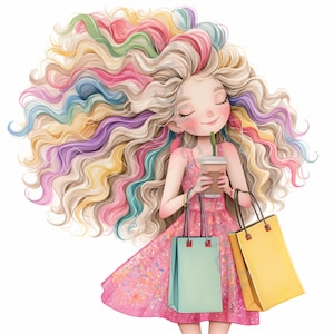 12 cliparts fille shopping insolite, aquarelle Clipart JPG, journal indésirable, scrapbooking, fabrication de cartes, téléchargement numérique, fantaisie, fille lunatique