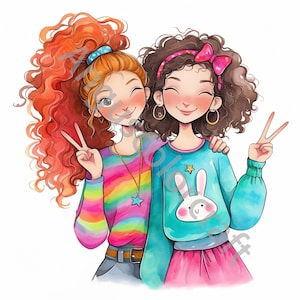 10 JPG Quirky Best Friends Clip Art, Watercolor Clipart, Junk Journal, Scrapbook, Card Making, Digital Download, Fantasy, Whimsical Girls