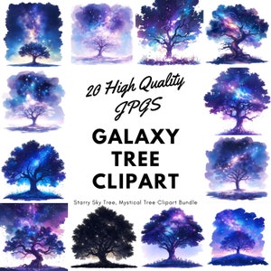 Clipart albero galassia, albero del cielo stellato, pacchetto clipart albero mistico, 20 JPG di alta qualità, arte notturna stellata, stampabili, uso commerciale