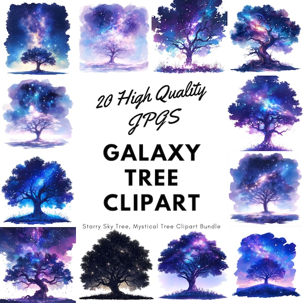 Galaxy Tree Clipart, Starry Sky Tree, Mystical Tree Clipart Bundle, 20 High-Quality JPGs, Starry Night Art, Printables, Commercial Use