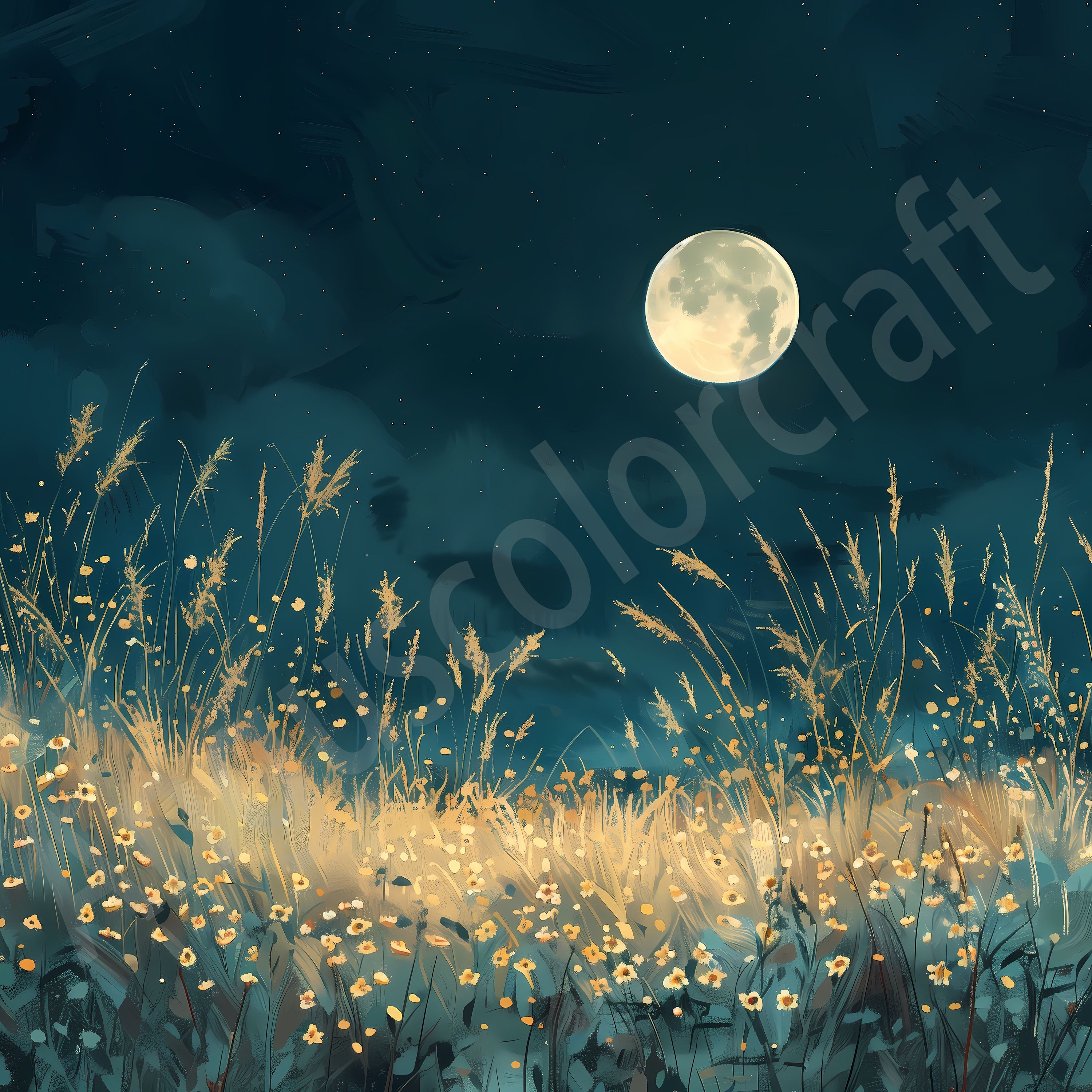 12 水彩の月の風景クリップアート、草原の風景、夜の野の花、星空