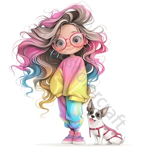 13 Quirky Girl Clipart Set 2, Girl with Pet, Commercial Use, Whimsical Ephemera, Watercolor JPG, Instant Download, Junk Journal, Paper Craft image 4