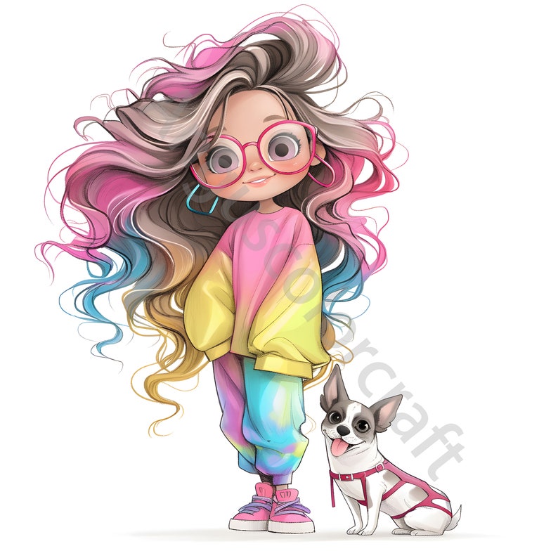 13 Quirky Girl Clipart Set 2, Girl with Pet, Commercial Use, Whimsical Ephemera, Watercolor JPG, Instant Download, Junk Journal, Paper Craft image 4