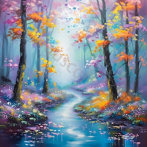 May include: A painting depicting a forest scene with a stream flowing through it. The trees are a mixture of purple, yellow, and green, and the stream is a vibrant blue. The painting is executed in a painterly style, with noticeable brushstrokes.
