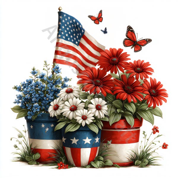 10 flores patrióticas, imágenes prediseñadas de acuarela en formato JPG, álbum de recortes, creación de tarjetas, descarga digital, 4 de julio, floral