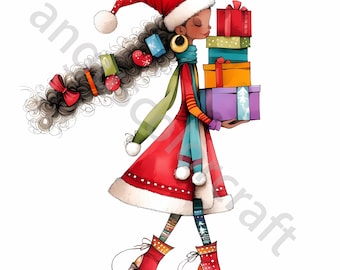 May include: A watercolor illustration of a person in a red Santa hat and coat, carrying a stack of wrapped gifts. The person has long, curly hair adorned with Christmas ornaments and wears red boots. A green and blue scarf adds color to the festive scene.