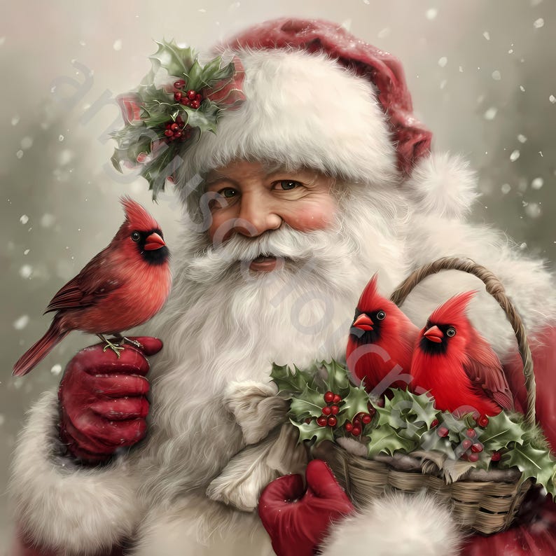 Vintage Santa With Cardinal Clip Art, Watercolor Clipart 10 JPG, Junk ...