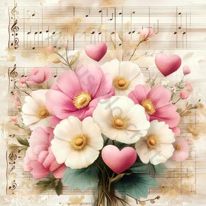 Peut inclure: Un bouquet de fleurs roses et blanches avec des c&oelig;urs sur un fond de partition de musique vintage.
