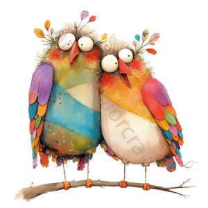 10 imágenes prediseñadas de parejas de pájaros muy peculiares, acuarela JPG, diario basura, álbum de recortes, creación de tarjetas, descarga digital, fantasía, San Valentín caprichoso