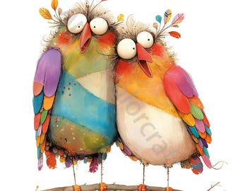10 Schrulliges Vogelpaar Clip Art, Aquarell JPG, Junk Journaling, Scrapbook, Kartenherstellung, Digital Download, Fantasy, Whimsical Valentine