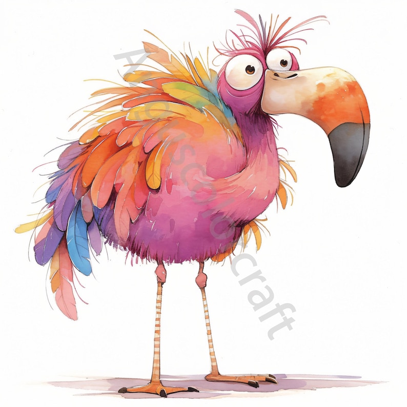 May include: A cartoon illustration of a pink bird with a long orange beak and colorful feathers. The bird has large, round eyes and a surprised expression.