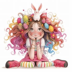 10 images clipart fille de Pâques originale JPG, usage commercial, éphémères fantaisistes, lapin de Pâques aquarelle, créations en papier à téléchargement immédiat, carte faite main