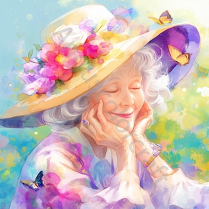 10 fleurs dame clipart, clipart JPG aquarelle, journal indésirable, scrapbooking, fabrication de cartes, téléchargement numérique, fantaisie, vieille femme lunatique