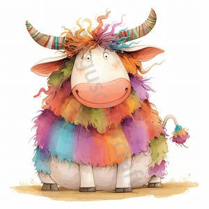 May include: A cartoon illustration of a fluffy, white bull with rainbow-colored fur. The bull has a big smile and is sitting on the ground.