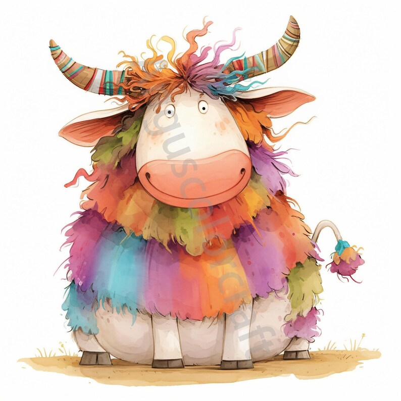 May include: A cartoon illustration of a fluffy, white bull with rainbow-colored fur. The bull has a big smile and is sitting on the ground.