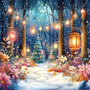 Magisch kerstbos Clip Art 10 high-res aquarel JPGs Junk Journaling Scrapbooking Kaarten maken, digitale download, grillig, fantasie
