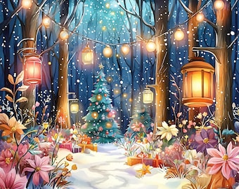 Magical Christmas Forest Clip Art 10 High Res Watercolor JPGs Junk Journaling Scrapbooking Card Making, Digital Download, Whimsical, Fantasy