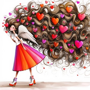 Quirky Heart Lady Clip Art 13 akwarelowych clipartów JPG, Junk Journaling, Scrapbooking, Tworzenie kartek, Zestaw do pobierania cyfrowego, Quirky Heart Angel