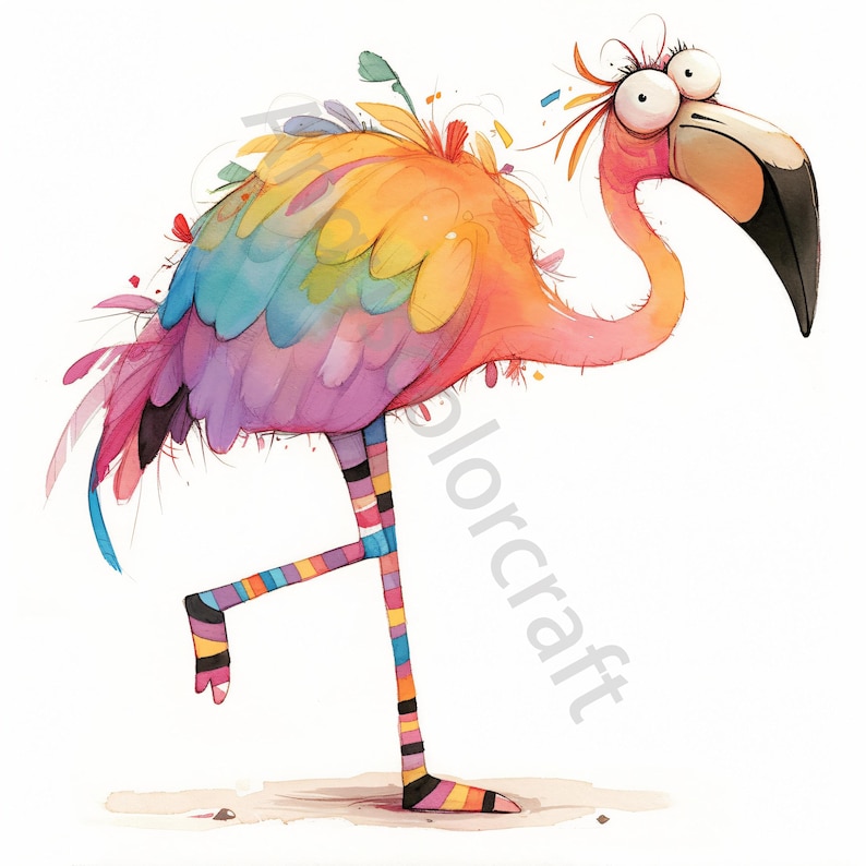 May include: A whimsical illustration of a flamingo with a colorful, striped leg and a bright pink body. The flamingo has a large, round head with big, wide eyes and a long, curved neck.