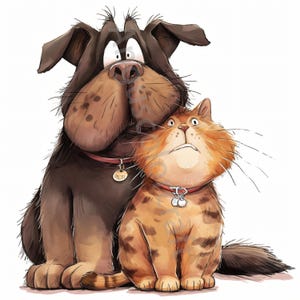 10 Quirky Pals Clipart, JPG de alta resolução, Clipart de aquarela, Scrapbooking, Criação de cartões, Kit de download digital, Fantasia, Cachorro e gato caprichosos