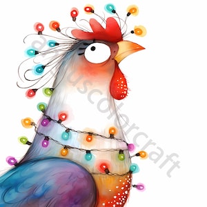 Puede incluir: Ilustración en acuarela de un gallo caprichoso decorado con luces de colores. El gallo tiene una cresta y una barbilla rojas, con un cuerpo blanco y azul. Las luces son de varios colores, creando un diseño festivo y alegre.