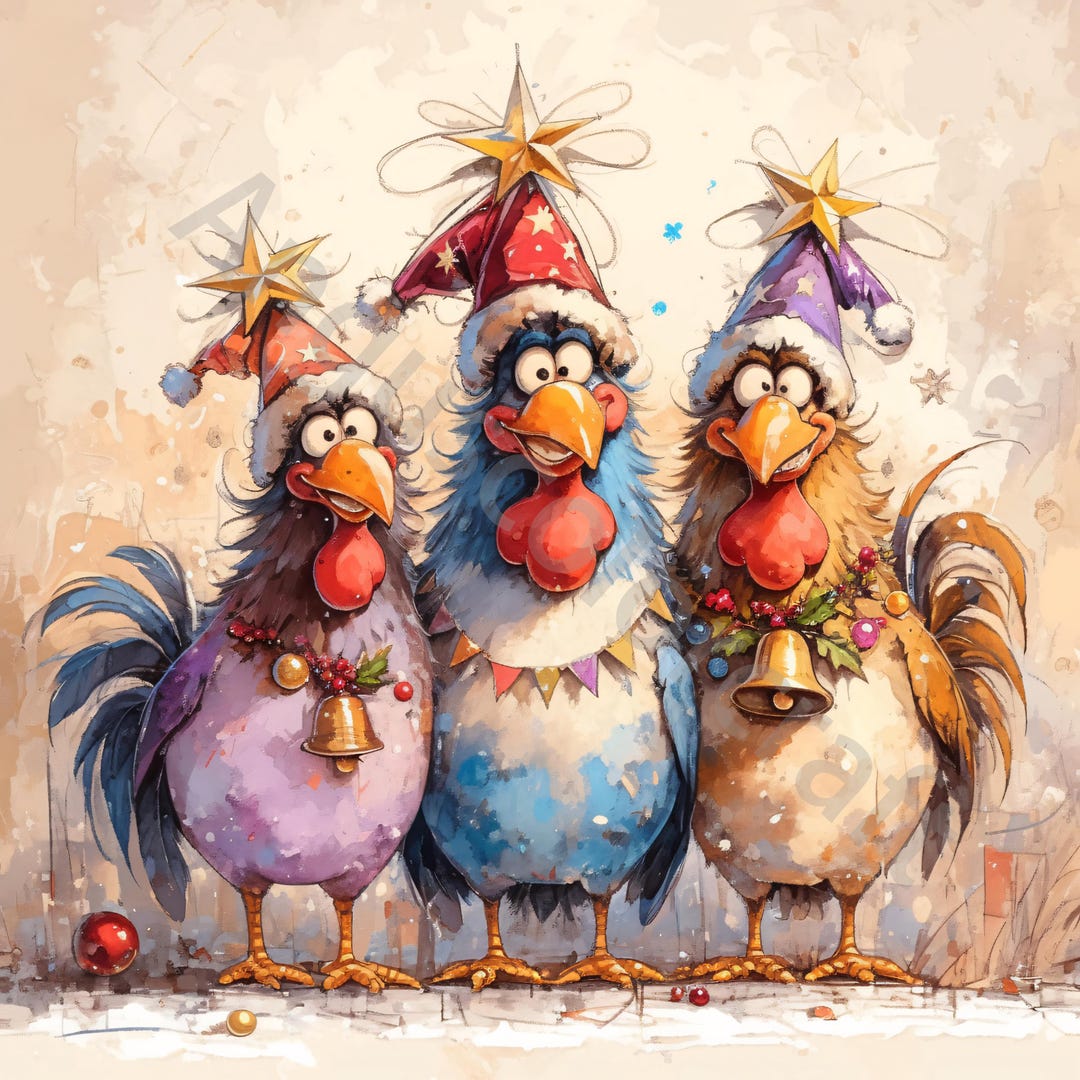 12 Funny Whimsical Chickens Clipart, Christmas Chickens Clipart, JPG ...