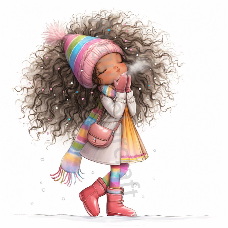 Pode incluir: Uma ilustra&ccedil;&atilde;o de desenho animado de uma menina com cabelo castanho longo e encaracolado usando um chap&eacute;u listrado rosa e arco-&iacute;ris, um casaco branco, um cachecol listrado arco-&iacute;ris e botas rosa. Ela est&aacute; soprando em suas m&atilde;os para aquec&ecirc;-las.