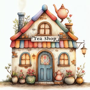 10 Quirky Tea Shop Clip Art, Watercolor Clipart JPG, Junk Journaling, Scrapbook, Card Making, Digital Download, Fantasy, Whimsical Shop