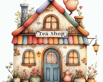 10 Quirky Tea Shop Clip Art, Watercolor Clipart JPG, Junk Journaling, Scrapbook, Card Making, Digital Download, Fantasy, Whimsical Shop