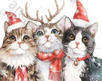 クリスマス猫の水彩画 水彩画風クリスマス猫のPNGクリップアート20選：クラフト用の気まぐれ