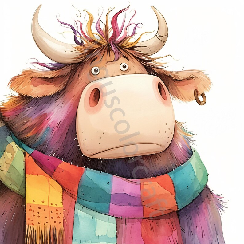 May include: A cartoon illustration of a brown bull with a colorful scarf and a pink and purple fur. The bull has a surprised expression on its face and is wearing a ring in its ear.