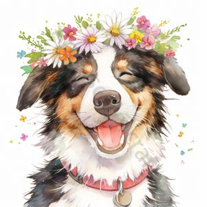 12 Blumenhundeporträt-ClipArt, Aquarell Clipart JPG, Junk-Journal, Sammelalbum, Kartenherstellung, digitaler Download, Fantasie, wunderlicher Welpe