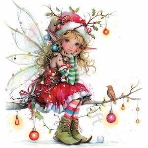 May include: A Christmas fairy with blonde hair and green eyes wearing a red dress, a Santa hat, and fairy wings sits on a branch with a bird and Christmas lights.