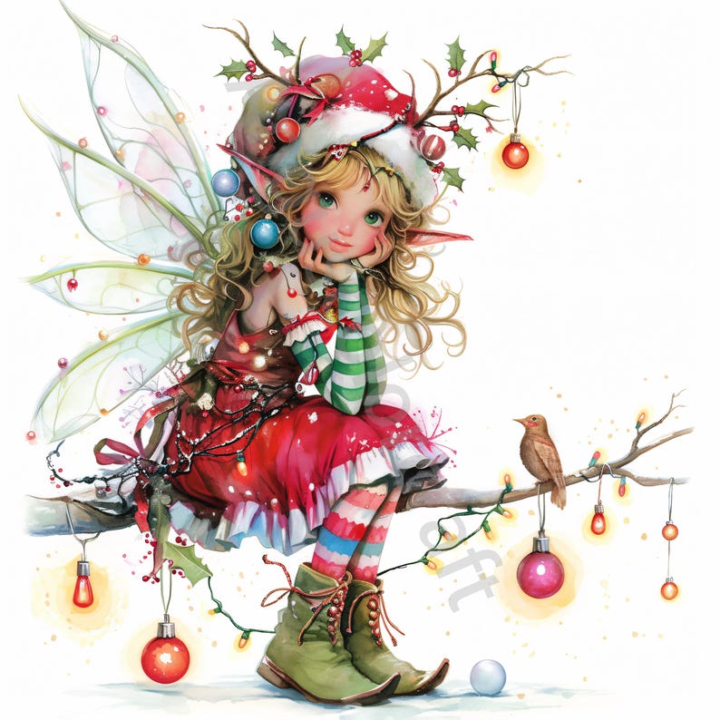 May include: A Christmas fairy with blonde hair and green eyes wearing a red dress, a Santa hat, and fairy wings sits on a branch with a bird and Christmas lights.