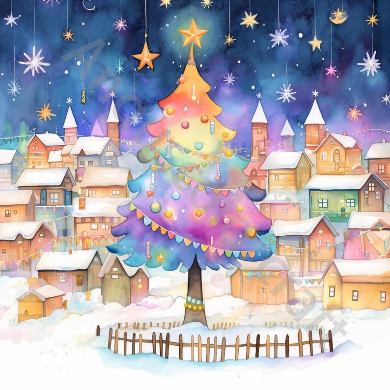 Christmas Tree in Snowy Village Clip Art Bundle 10 High Res Watercolor