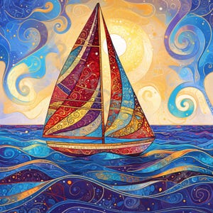 May include: A colorful sailboat painting with a vibrant design. The sails are adorned with intricate patterns in red, blue, yellow, and purple. The artwork depicts a sunny sky and ocean waves, creating a nautical theme.