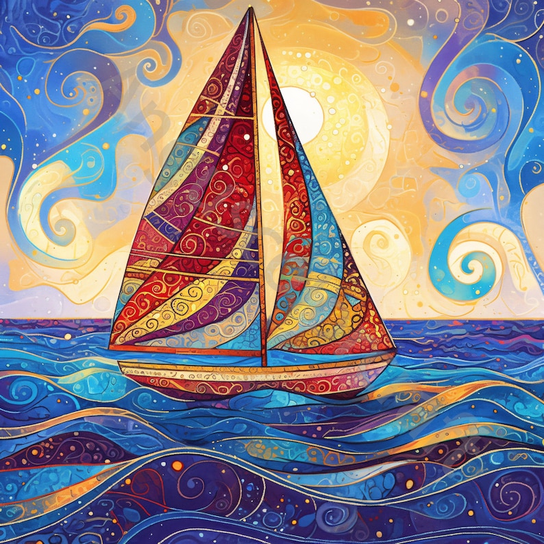 May include: A colorful sailboat painting with a vibrant design. The sails are adorned with intricate patterns in red, blue, yellow, and purple. The artwork depicts a sunny sky and ocean waves, creating a nautical theme.