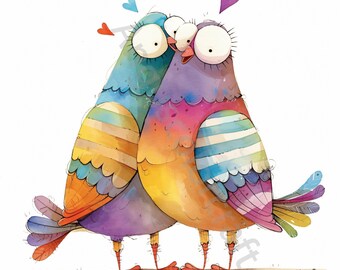 10 schrullig Valentine Vögel Clip Art, Aquarell JPG, Junk Journaling, Scrapbook, Kartenherstellung, digitaler Download, Fantasie, wunderliche Taube