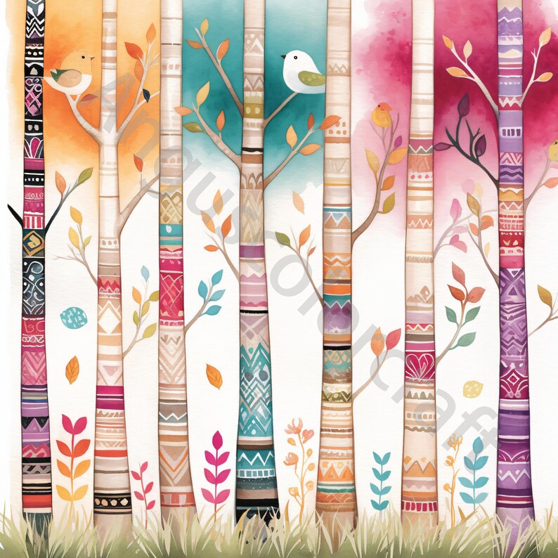 Pu&ograve; includere: Un dipinto ad acquerello di una foresta con alberi colorati. Gli alberi sono decorati con motivi geometrici in tonalit&agrave; di rosa, viola, blu, arancio e giallo. Ci sono piccoli uccelli appollaiati sui rami.