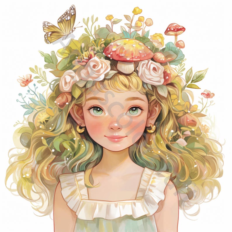 May include: A young girl with long blonde hair wears a flower crown with white roses, green leaves, and a red and white mushroom. She has green eyes and is wearing a white dress with a green bodice.