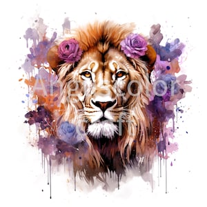 Clipart Lion aquarelle, fleur, art mural, Lion aquarelle, Clipart baby shower, art numérique, sublimation, téléchargement numérique, décoration d'intérieur