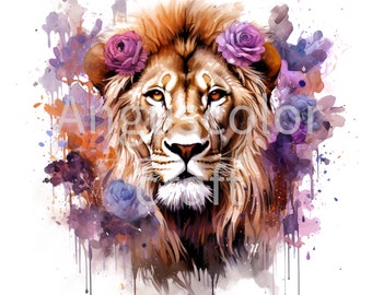 Watercolor Lion Clipart, Floral Lion Art, Baby Shower Decor (15 JPGs, Digital Download)